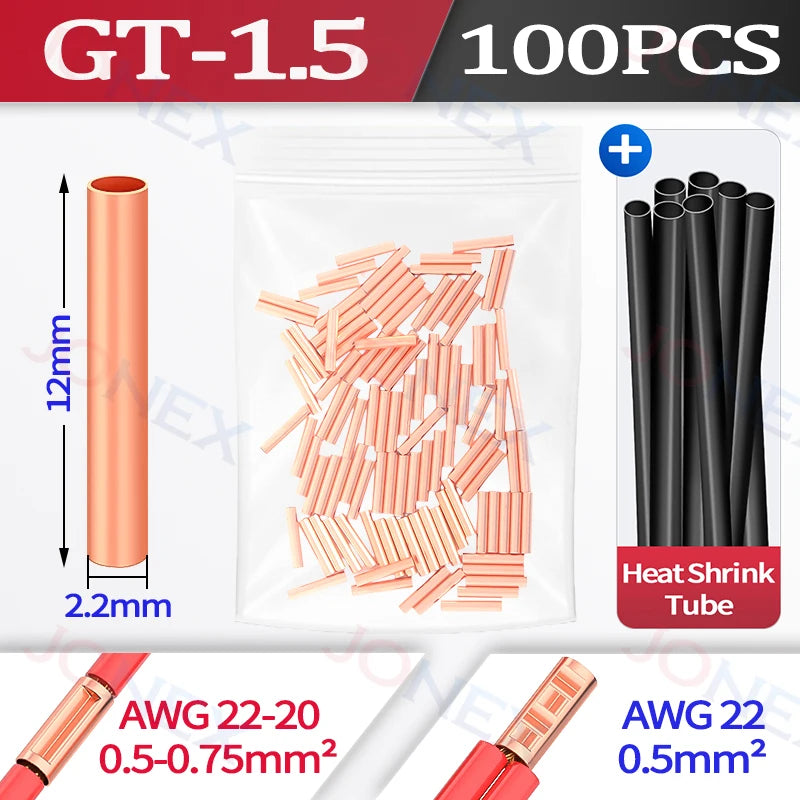 100PCS GT Copper Terminal Connectors Electrical Wire Cable Crimp Connecting Tubular Ferrules or for Lugs Have Heat Shrink Tubing