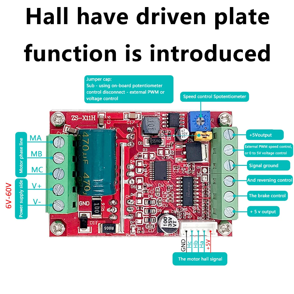 ZS-X11H V1 DC 6-60V 400W BLDC Three Phase DC Brushless Motor Controller Mini PWM Hall Motor Control Driver Board