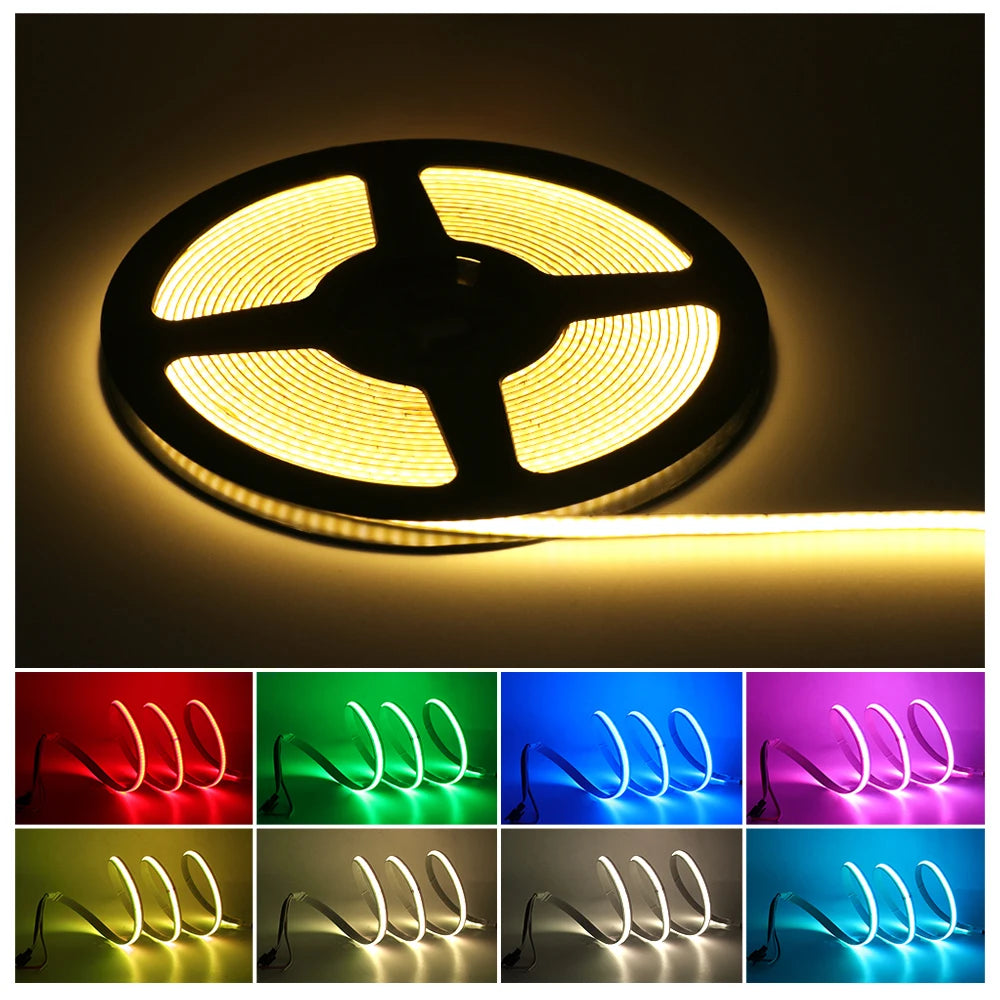 DC 12V 24V COB Strip 320Leds/M High Density RA90 White Pink Yellow Ice Blue Red Green Flexible Ribbon Rope LED Light