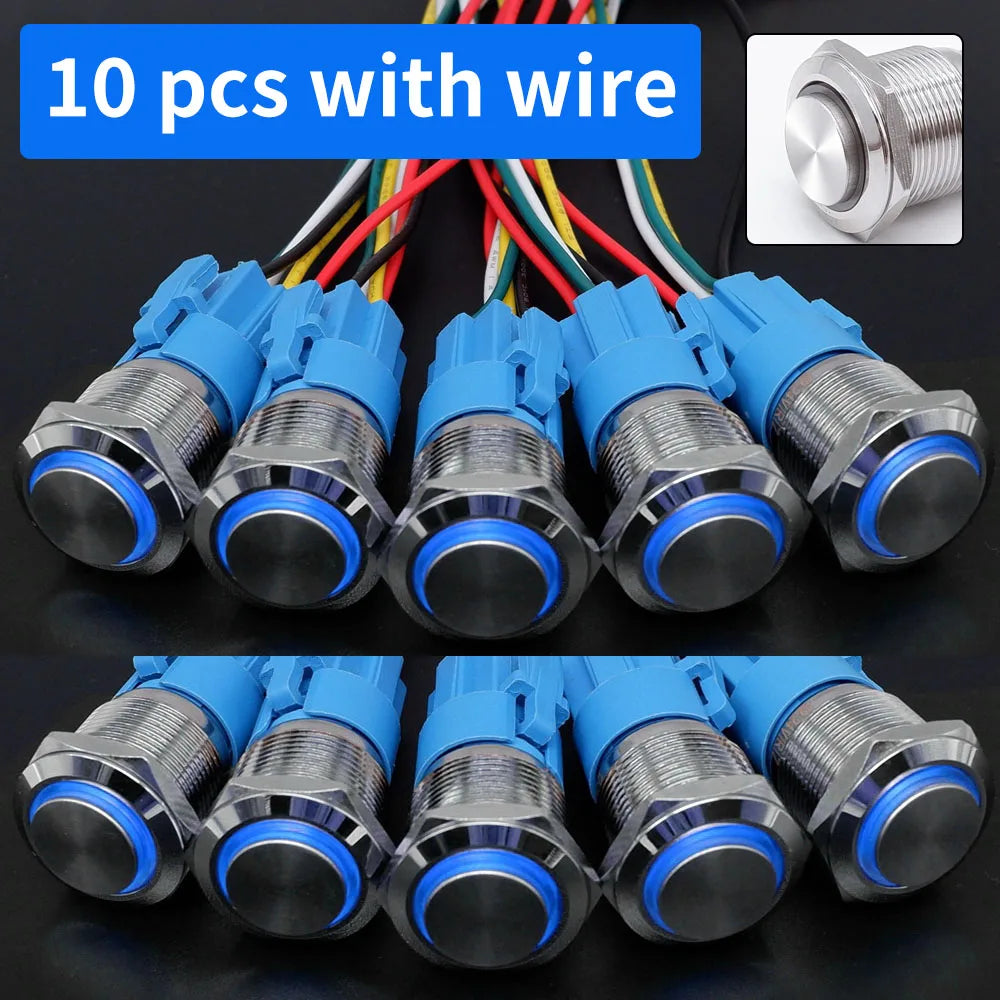 10 pcs  Latching Push Button Switch Metal Shell 16/19/22mmWaterproof Power Symbol Pattern Self-Locking Momentary Fixed 1NO 1NC