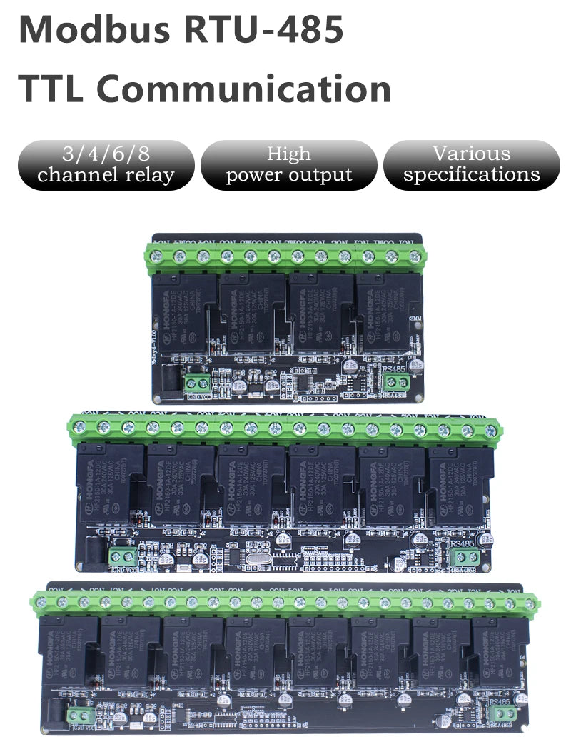 Modbus RTU RS485 TTL Relay Control Module Optional 3/4/6/8 Channel High Power Output Industrial PLC