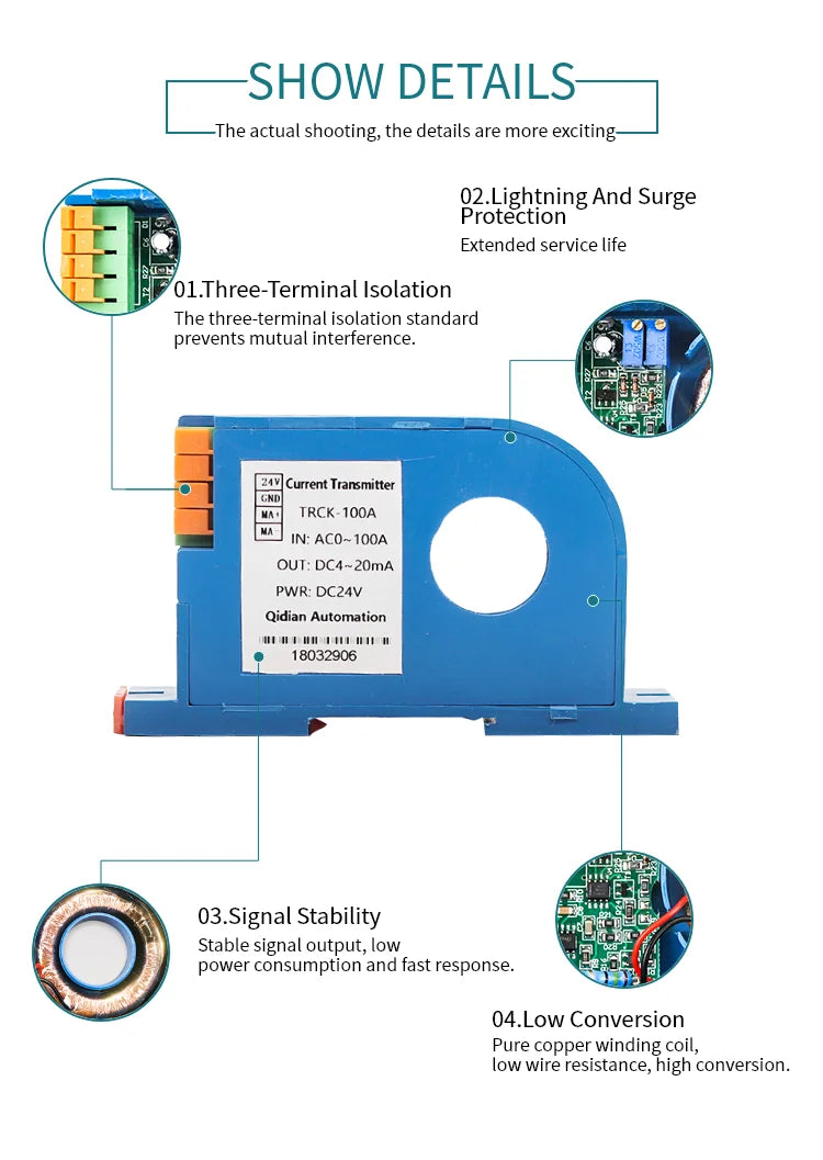 AC Current Sensor 10mA 20mA 500mA,10A,50A,300A,600A Current Transducer DC24V 4-20ma 0-10V RS485 Hall Effect Current Transmitter