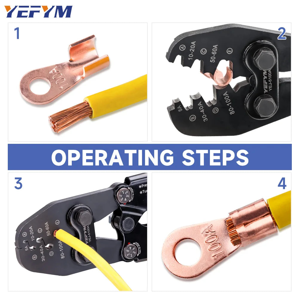 Heavy Duty Battery Lug Crimper YEJ-5100A for 5A-100A(AWG 13-3) OT Open Barrel Terminals, Automotive Wire Crimp Pliers