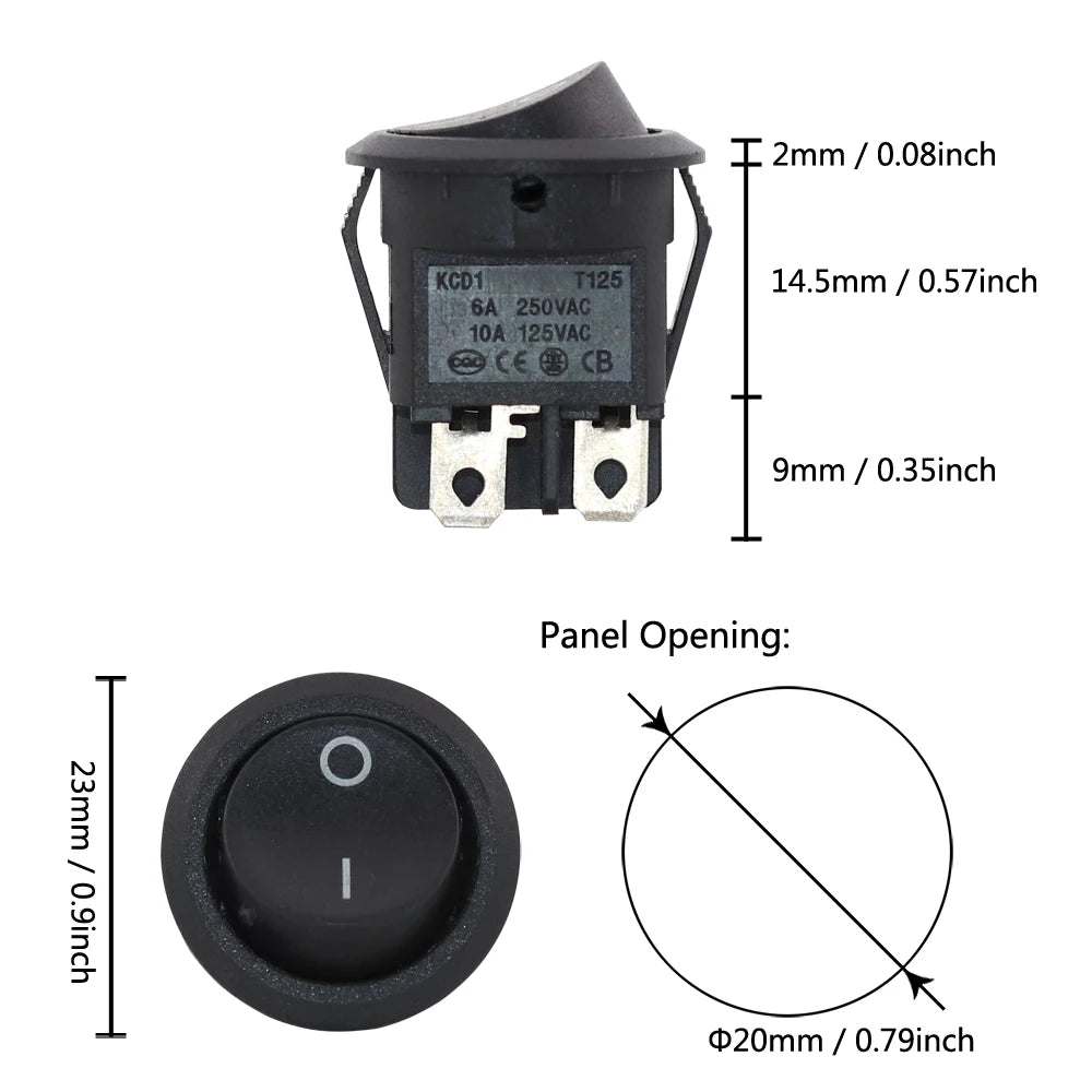 20mm Round Rocker Switch Square Base Black/Red 6A 250V DPDT Power Switches
