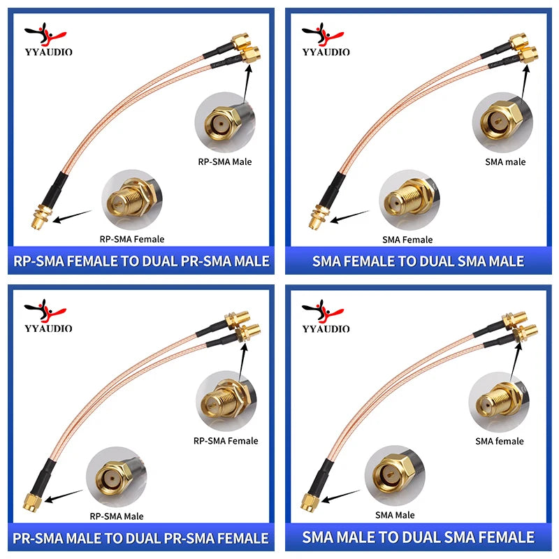 RP SMA Male/Female to Dual SMA Male Female 2 X SMA 2 Way Antenna Adapter Y Type Splitter Pigtail RG316 RF Coax Extension Cable