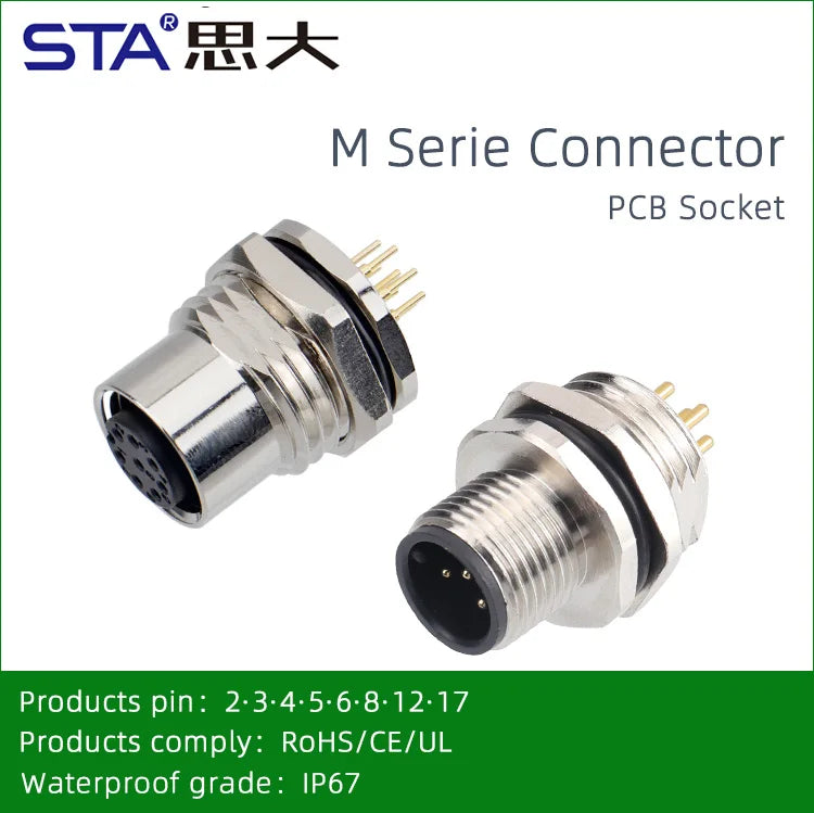 M12 Sensor Waterproof Circular Connector Panel Mount Bulkhead Installation Metal Male Female PCB Socket 2 3 4 5 6 8 12 17pin