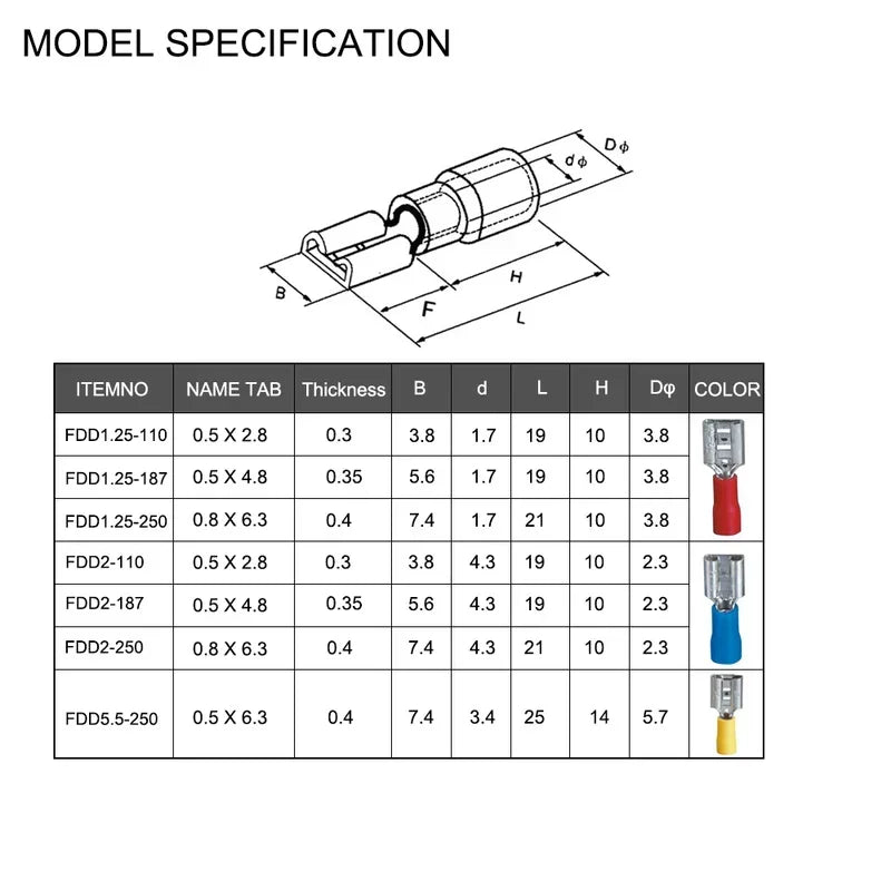 100/50/10pcs Female Crimp Terminal 2.8mm 4.8mm 6.3mm Insulated Spade Wire Connector Electrical Wiring Cable Plug Red blue yellow