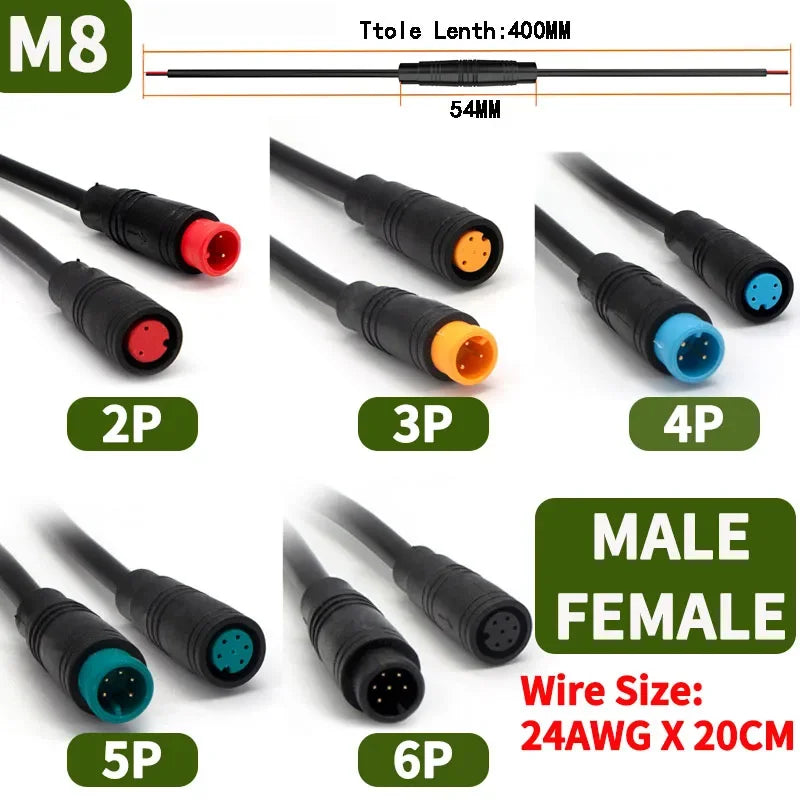 5/10 Set M6/M8 Julet Electric Butt Plug Connectors - 2/3/4/5/6 Pin, for Scooter Brake Cable & Signal Sensor (20CM)