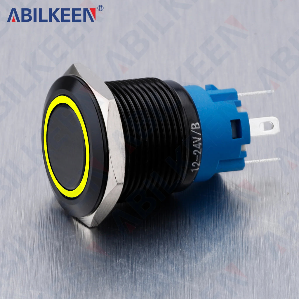 ABILKEEN 19mm Black Shell Push Button Switch LED Ring Illuminate Momentary/Latching Function 1NO1NC IP65 Waterproof Push Button