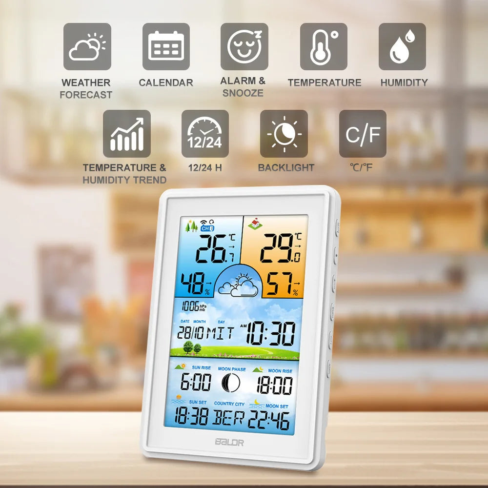 Baldr Wireless Digital Color Display Weather Station Clock Barometer Thermometer Hygrometer Trend Forecast Outdoor Sensor