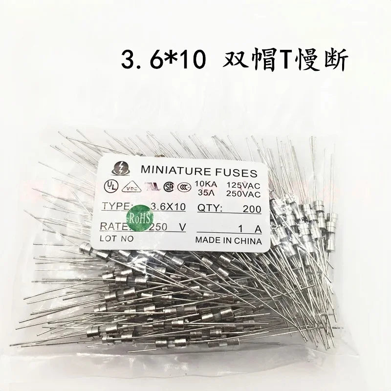 20Pcs 3.6*10 3*10 4*11 Glass Fuse Fast/Slow Blow 250V 0.5A 1A 2A 3A 3.15A 4A 5A 6.3A 10A 12A with Legs F/T Type 3.6x10 3x10 4x11