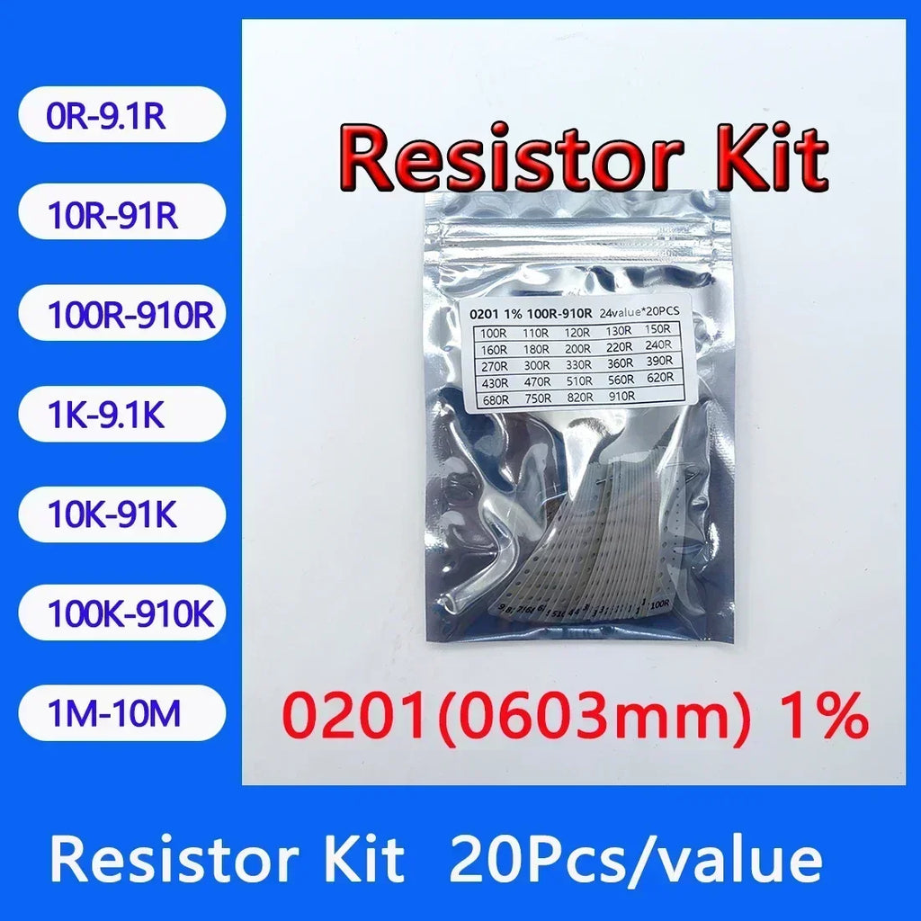 Resistor Kit 0201 0402 0603 0805 1206 1210 1812 2010 2512 SMD Resistor Package 24values*20PCS=480PCS 1% Sample Kit Resistor
