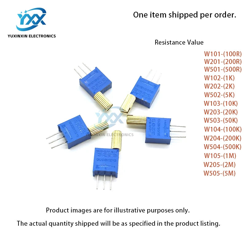 5PCS 3296W Multi-Turn Adjustable Potentiometer 100R 200R 1K 2K 5K 10K 20K 50K 100K 200K 500K 1M Metal Shaft Long/Short
