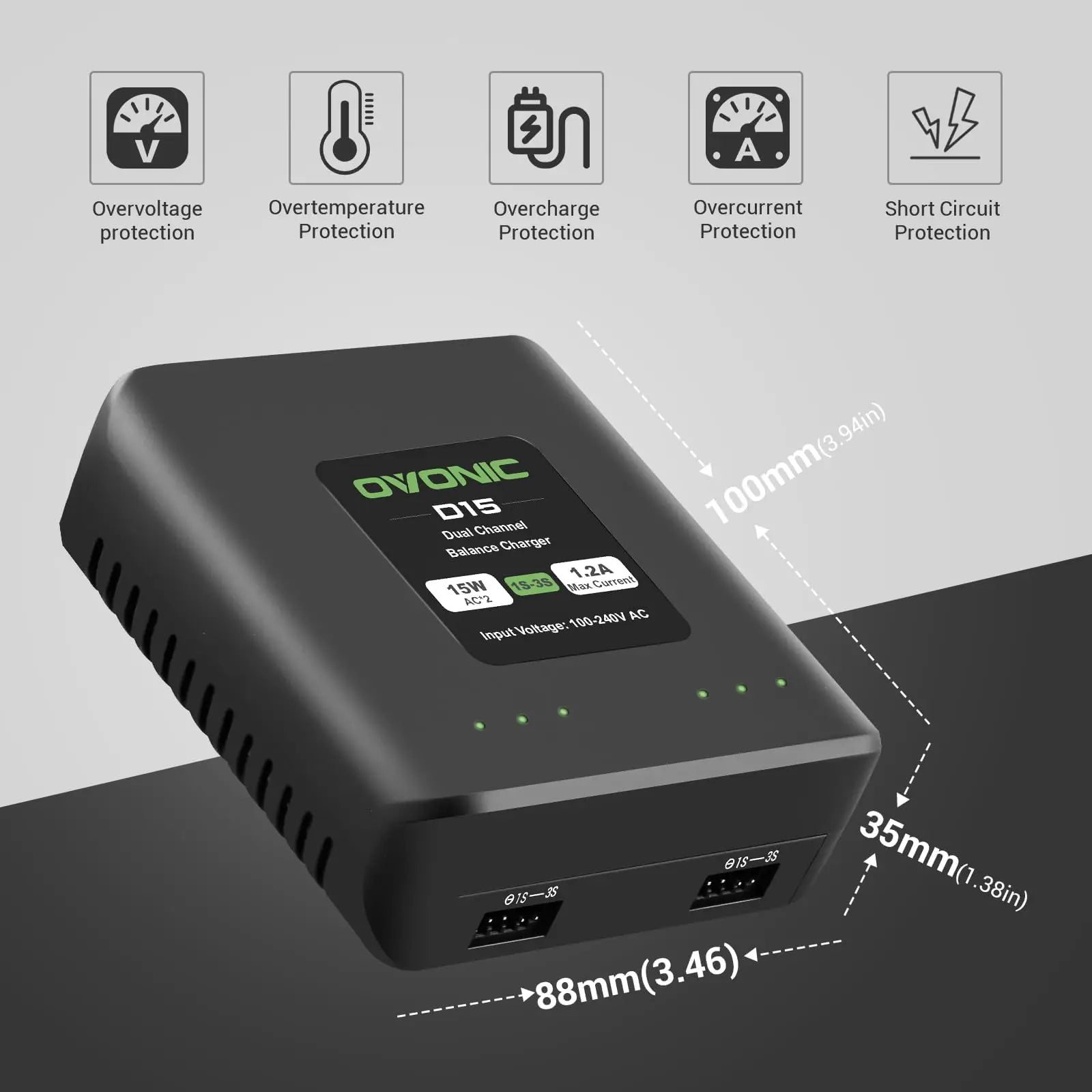OVONIC D15 Dual LiPo Battery Charger 30W AC100-240V Balance Charger for 1S-3S LiPo Batteries High Power Fast Charging