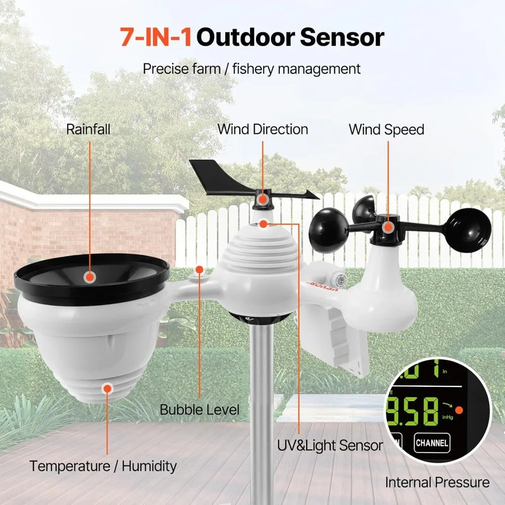 WiFi Weather Station 7-in-1 Indoor Outdoor with 7.5 Inch Color Display Weather Forecast Temperature Humidity UV Air Pressure