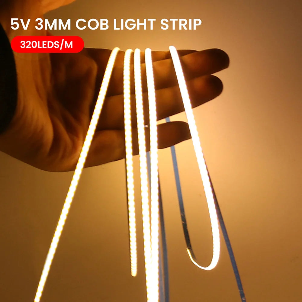 5V USB 3mm PCB COB LED Strip Light with Switch Dimmer Remote Control 320 LEDs High Density Linear Lighting Flexible Tape Lamp