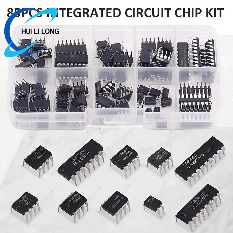 85PCS 10 Types NE555 LM324 LM393 UA741 ULN2803 LM358 LM386 NE5532 ULN2003 PC817 Integrated Circuit DIP IC Combination Chip Kit