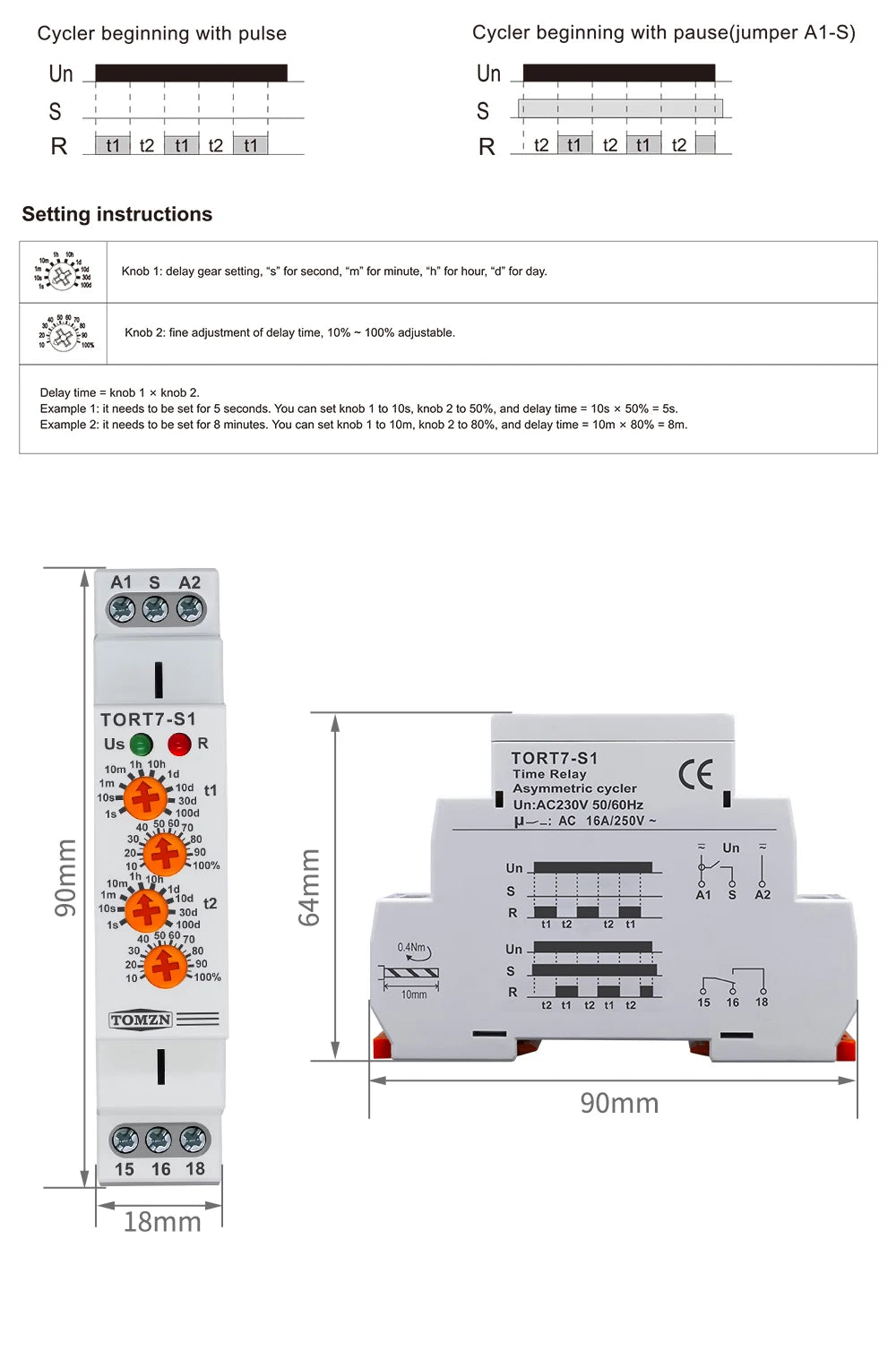 TOMZN TORT7-S1 Timer Relay Asymmetric Cycler Automatic Loop Delay T1-On Time T2-Off Time AC230V 50/60Hz For Traffic Lights