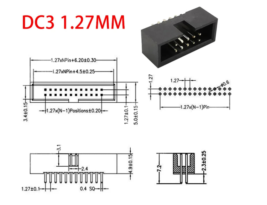 10Pcs Pitch 1.27mm 2.0mm 2.54mm Male Socket Straight IDC Box Headers PCB Connector Double Row DC3 Header DIP 6/10/20/26/34/40Pin