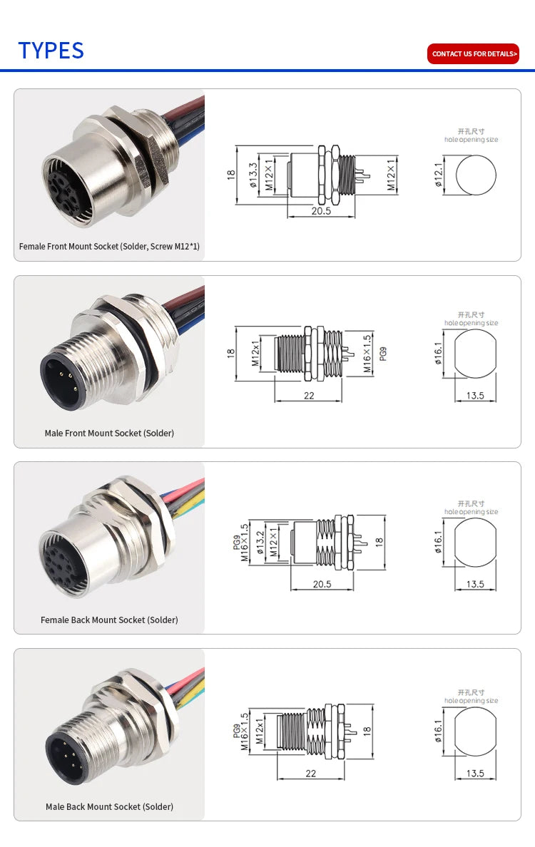 M12 Panel Male Female  Metal Front Mount Socket Solder 4 6 8 12 Pin Receptacle Straight Circular Connectors With 30cm Wires