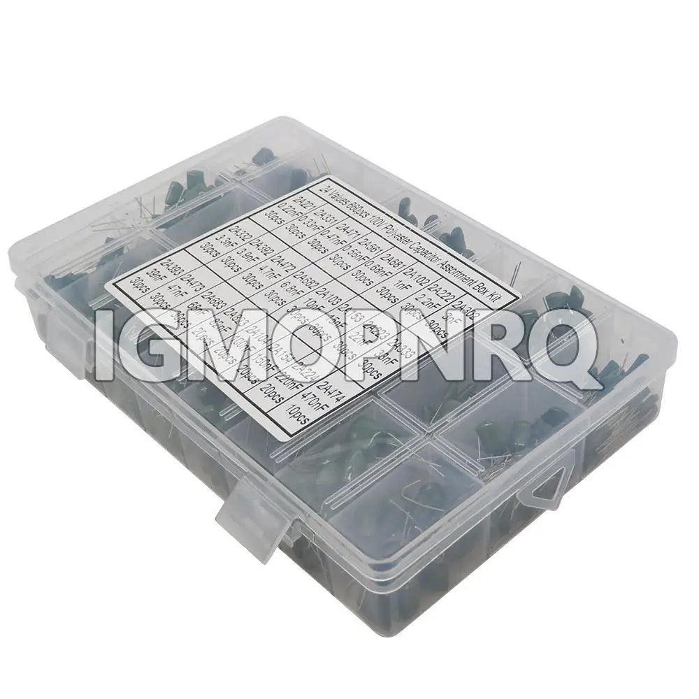660PCS/lot 24Value Capacitor Kit 100V 2A221J To 2A474J Polyester Film Capacitor Assorted Kit 0.47nF 0.68nF 1nF 2.2nF Capacitors
