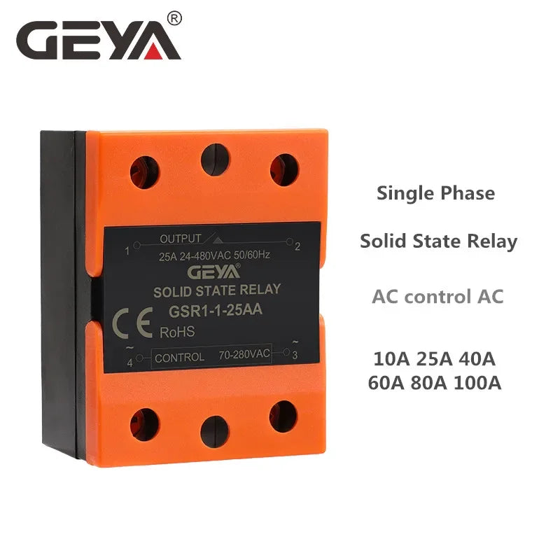 GEYA GSR1-1 Solid State Relay DC-AC DC-DC AC-AC Single Phase SSR 10A 25A 40A 60A 80A 100A 120A Without Cover