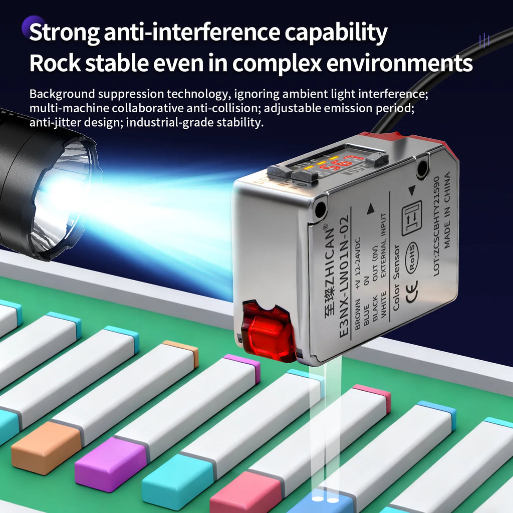 ZHICAN E3NX-L Color Mark Sensor 30-200mm Adjustable Sensing Distance High Precision Registration Detection Label Positioning