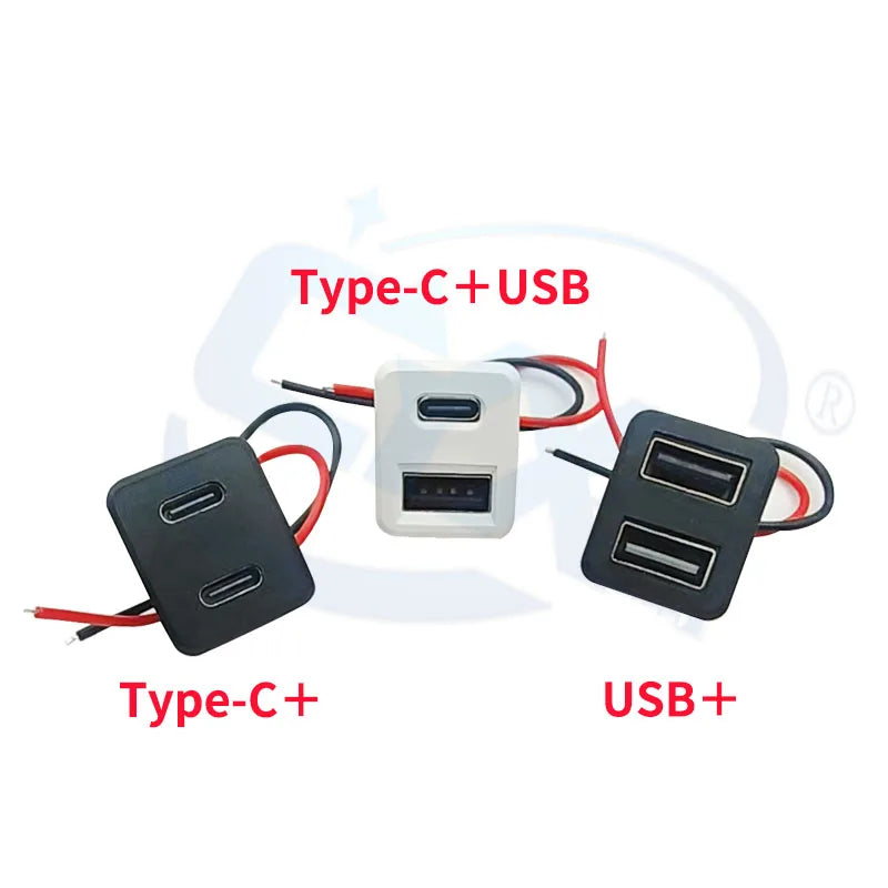 USB 2.0 Connector Female Socket Dual Layer Type C and USB Power Socket Interface, with Cable Charging Car Soldering Plug