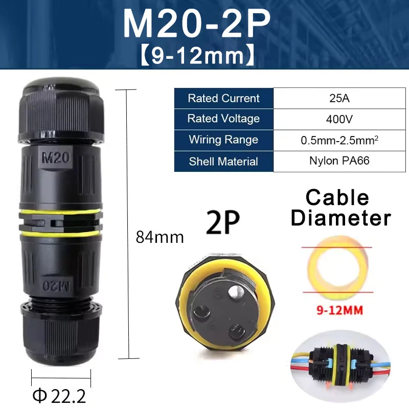 IP68 M20 Waterproof Connector Electric Junction Box 2/3Pin Screw Connection Solderless for 5-12mm Cable,Adapter Terminal Outdoor