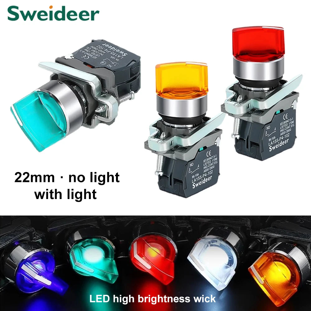 XB4 Knob Switch with Light 22mm 2/3Position Self Locking 1NO/2NO/1NO1NC Select Rotary Switch with LED 12V 24V 220V 10A Red Green