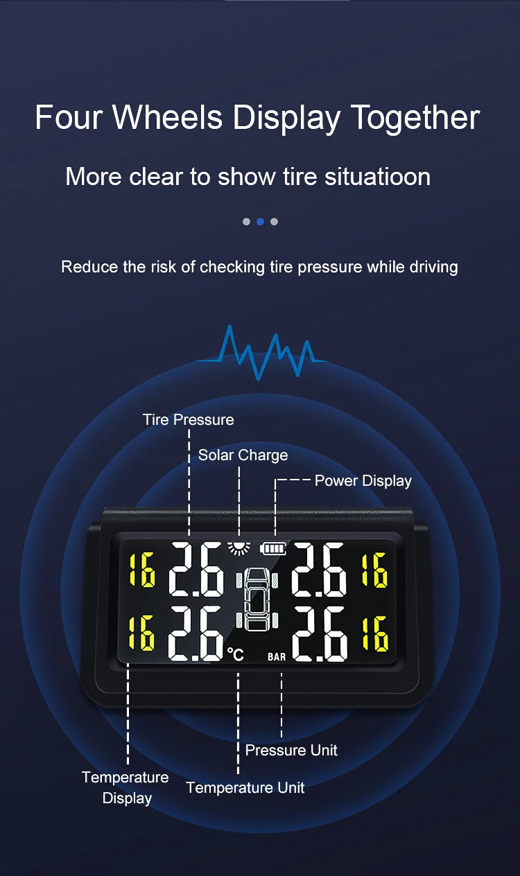 Solar Wireless Tire Pressure Monitoring System TPMS Auto Security Alarm Device Digital Colorful Display With 4 sensors