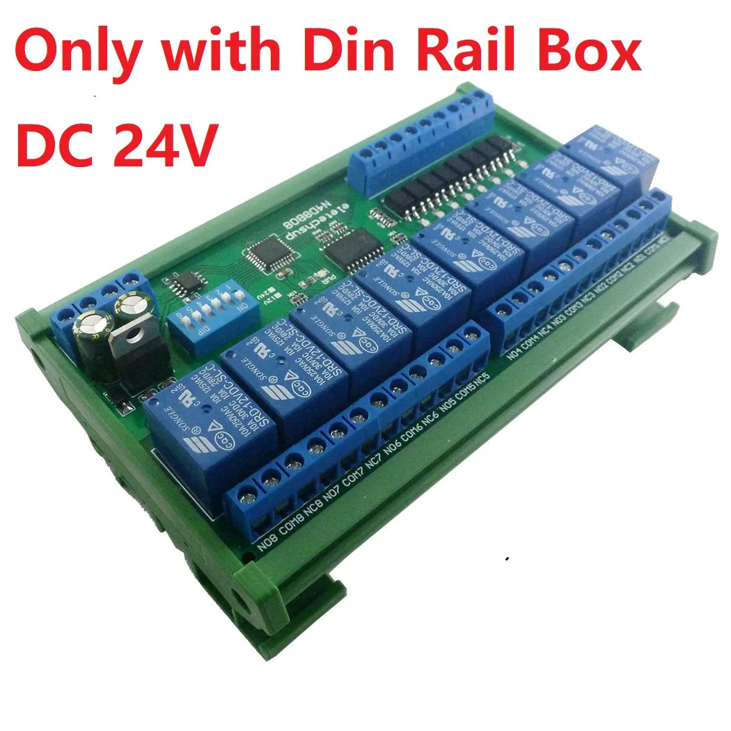 DC 12V 24V 8 Isolated Input & 8 Output DIN35 C45 Rail Box UART RS485 Relay Module Modbus RTU Control Switch Board