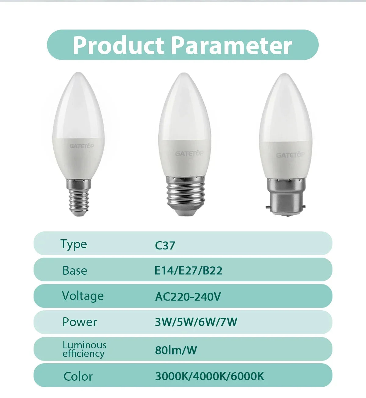 8pcs E27 E14 B22 Led Bulb AC 220V C37 Candle Lamp Energy Saving 3000K 6000K 3W 5W 6W 7W Chandelier Light for Home Decoration