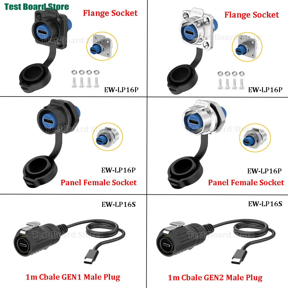 EW-LP16 Type-C USB 3.1 Female Socket Rear Nut Locking Jack Panel Mount Connector Waterproof Fast Charging Data Wire Cable 5A