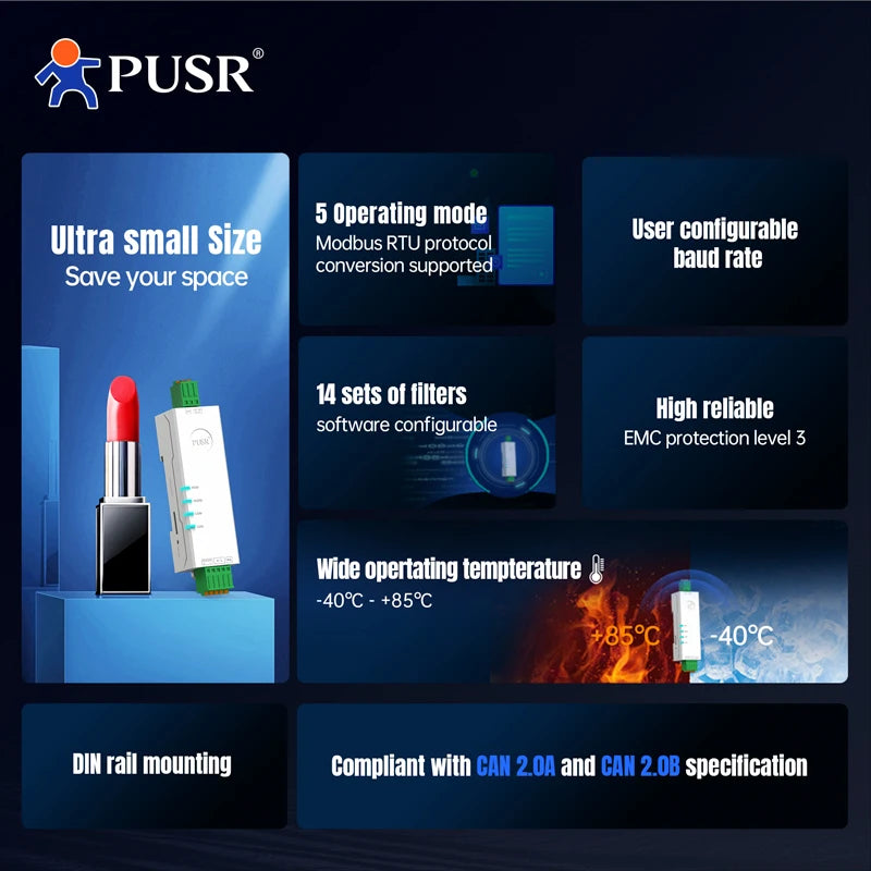 PUSR RS485 RS232 to CAN Bus Converter CAN to Ethernet  Bi-directional Communication Industrial CAN Gateway Modbus RTU USR-CAN114