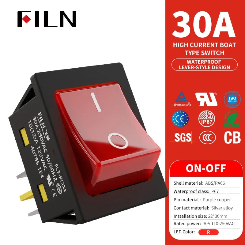30A/250V Heavy Duty 4 Pin DPST IP67 Sealed Waterproof T85 Auto Boat Marine Toggle Rocker Switch with LED 12V 220V 30x22