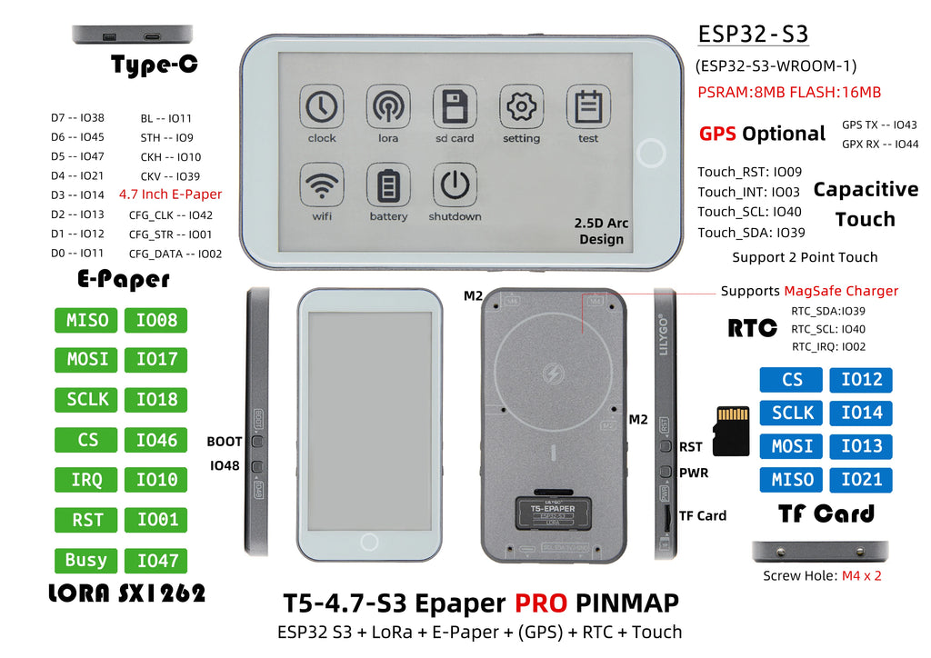 T5 E-Paper S3 Pro E-Ink Display ESP32-S3 4.7-inch E-Paper Module LoRa SX1262 TF Card RTC PCF8563 Touch Battery GPS