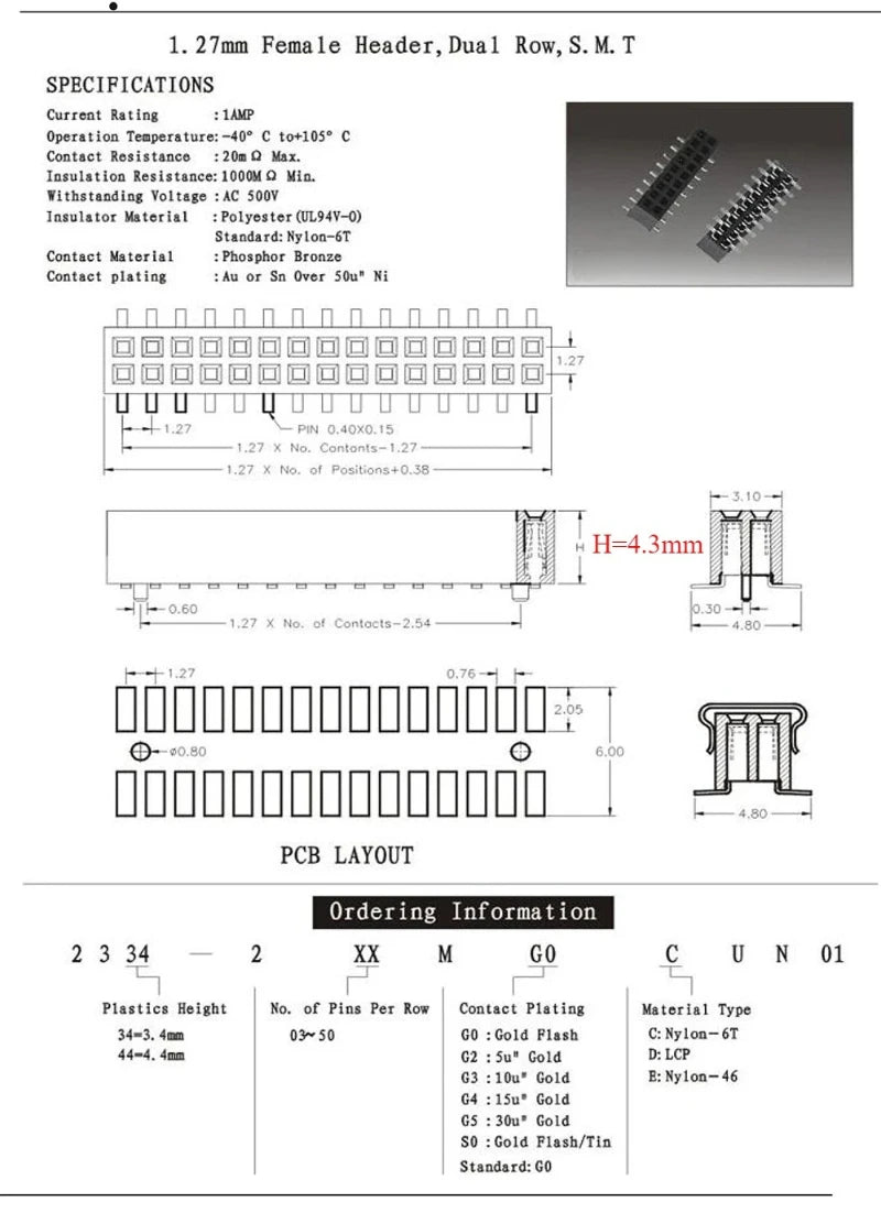 100pcs 1.27mm SMT wt Guide Post Dual SMD Pin Header Gold-plated 2*4/5/6/7/8/9/10/20/25Pin PH4.3 PCB Male Female Socket