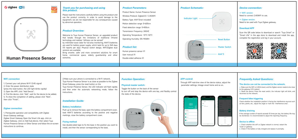 Smart Life Zigbee 24G MmWave Radar Motion Sensor Human Presence Detector Battery Powered Breathing Monitor for Home Automation