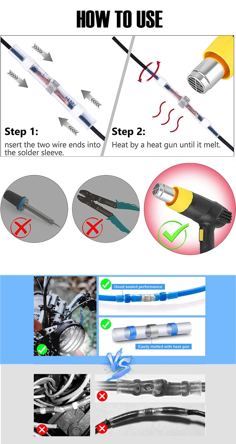 10/100/200pcs Waterproof Wire Terminals Insulation Heating Shrink Tubing Cable Connectors Solder Seal Tubes for Car Wires