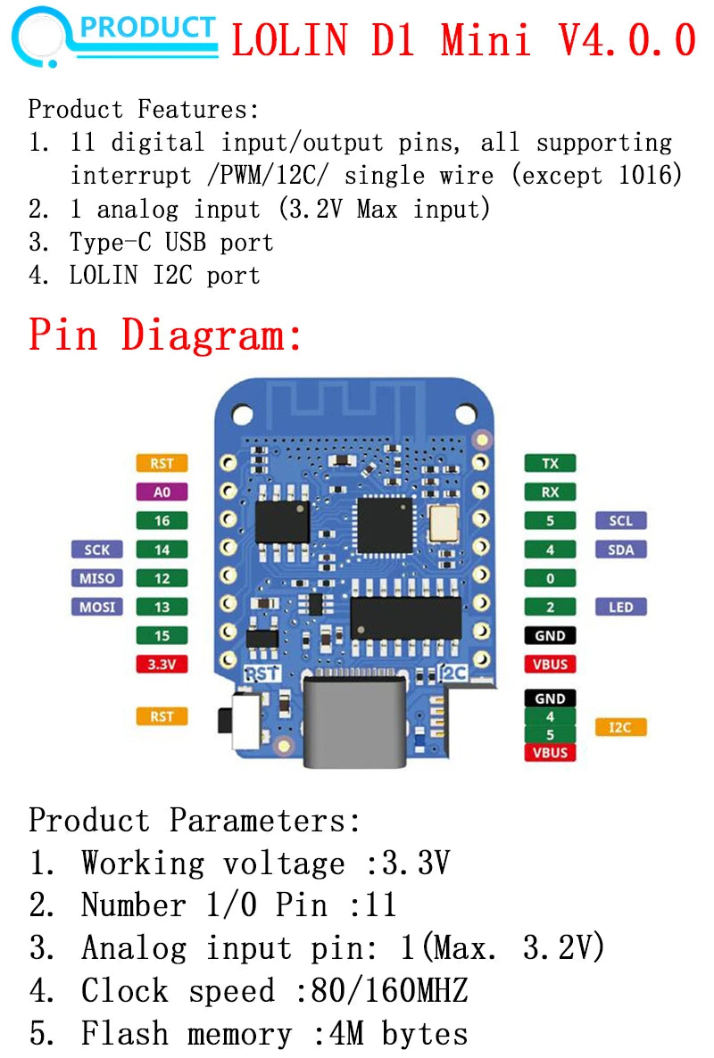 WeMos D1 Mini Pro V3.0 NodeMcu 4MB/16MB bytes Lua WIFI Internet of Things Development board based ESP8266 CH340G Nodemcu V2