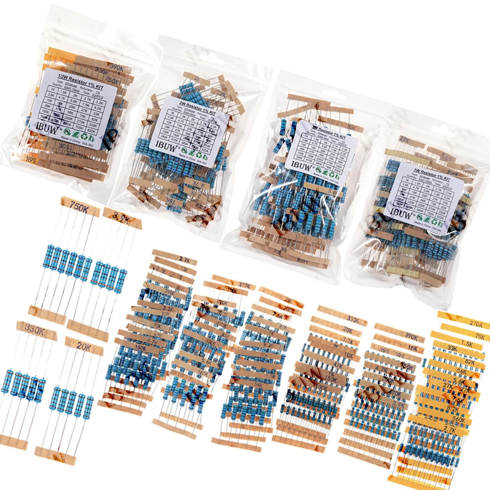 1/4W 1/2W 1W 2W 3W Resistance Set 1% Metal Film Resistor Assortment Kit 1K~820K 0.1R~750R 10K 6.8R 7.5R 47R 41R