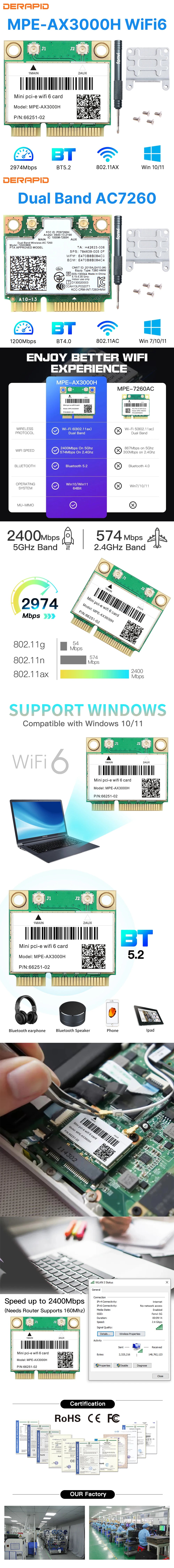 WiFi 5/6 Adapter AX3000H/AC7260 Dual Band 2.4G/5Ghz For Bluetooth 4.0/5.2 Mini PCI-E Network Wlan WiFi Card 802.11AX Win 7/10/11