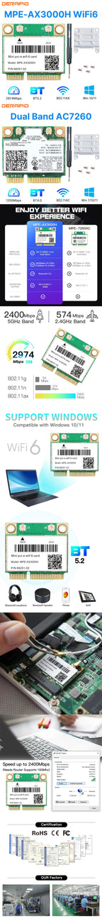 WiFi 5/6 Adapter AX3000H/AC7260 Dual Band 2.4G/5Ghz For Bluetooth 4.0/5.2 Mini PCI-E Network Wlan WiFi Card 802.11AX Win 7/10/11