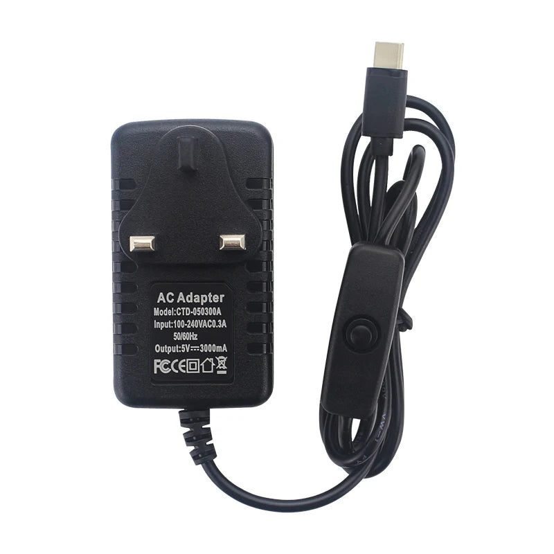 5V 3A Power Supply with ON/OFF Switch EU US UK Plug Charger USB Type-C Power Adapter for Raspberry Pi 4 Orange Pi Zero 3 / 3B