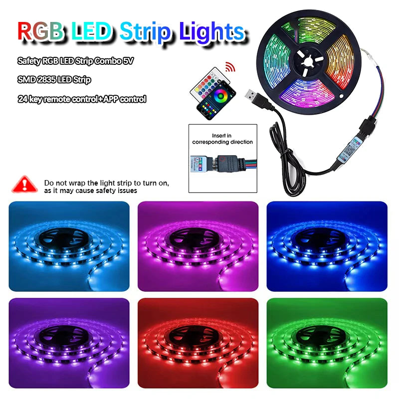 RGB LED Strip Lights USB Smart APP Control 24 Keys  Remote Flexible Color Changing LED Tape Lamp for Bedroom Home Party Decor