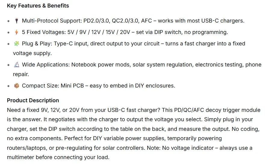 USB-C PD Trigger Decoy Module QC AFC Fast Charge 5V 9V 12V 15V 20V Fixed Voltage Board for DIY Electronics Solar Power Module