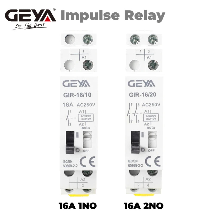 GEYA GIR Mechanical Impulse Relay Household Bistable Latching Auto Control Relay 1P 2P 16A 1NO 2NO Coil 230V AC 110V DC