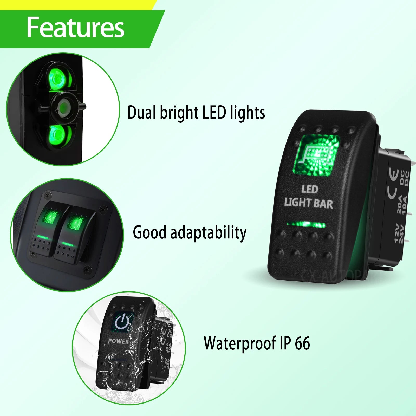 12V/24V Marine Rocker Switch Green LED SPST ON-OFF & DPDT ON-OFF-ON Momentary Toggle for 4x4 Off-Road RZR ATV ARB Carling Style