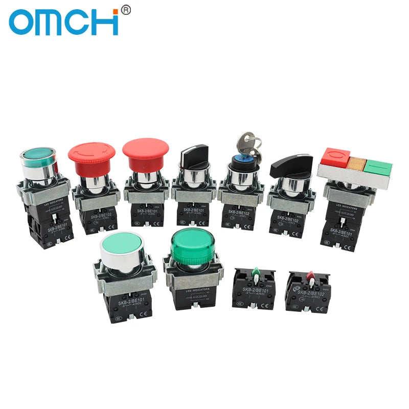OMCH Button Switch Self Reset SKB2 Small Mushroom Head Emergency Stop 22mm Knob Key Start Inching Power On